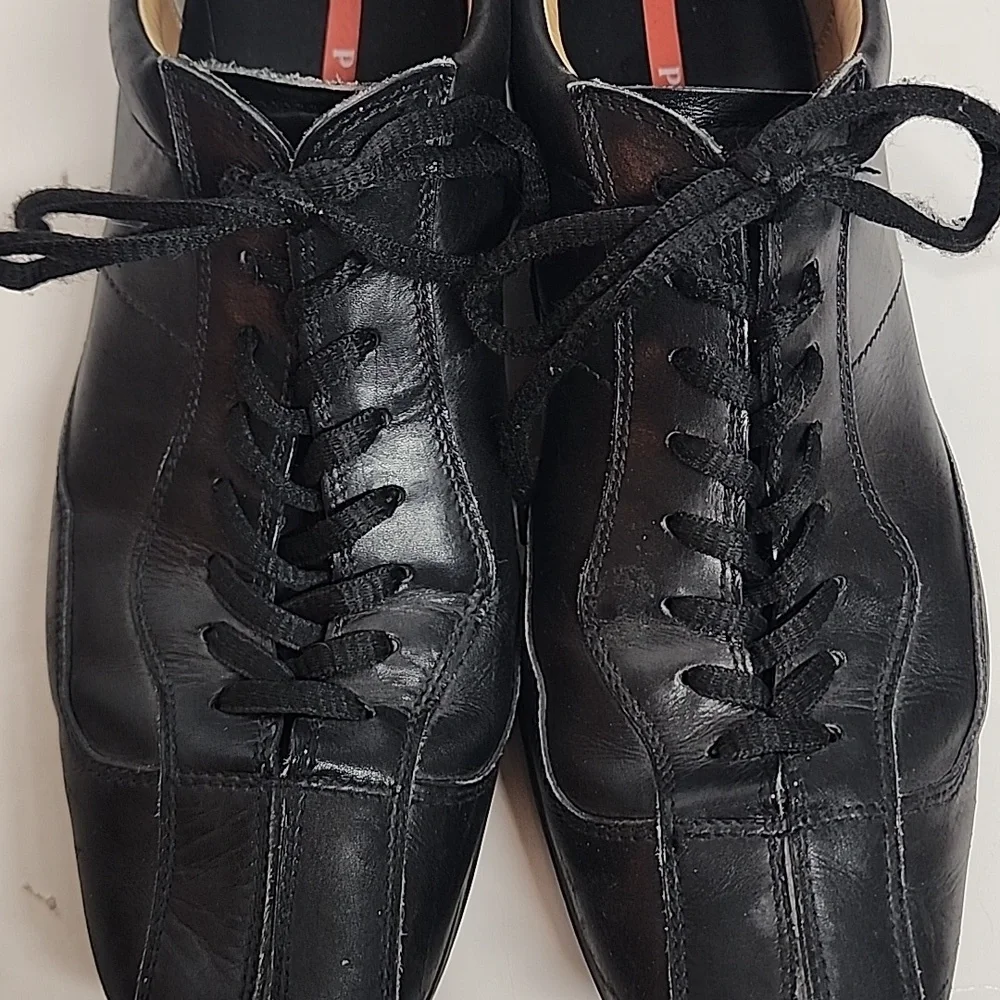 Prada black square toe lace up mens leather sneakers.  Made in Italy.  Quality. - Picture 4 of 12